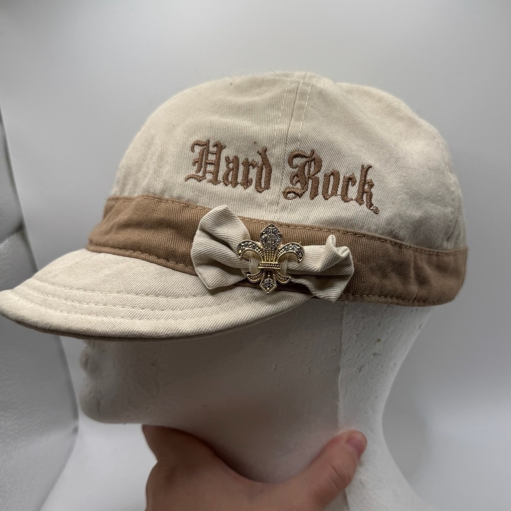 Vintage Y2k Hard Rock Cafe Women Tan Brown Cadet Rhinestone Hat Bow Elastic Back